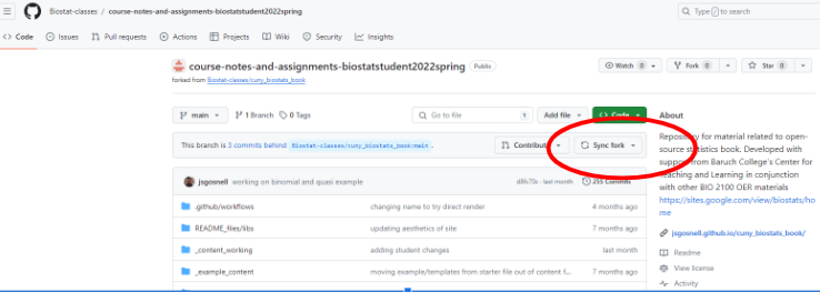 Image of github repository screen. Since this repository was forked (this time via github classroom) you can press the sync fork button (circled in red) to  sync up any changes to the original assignment repository